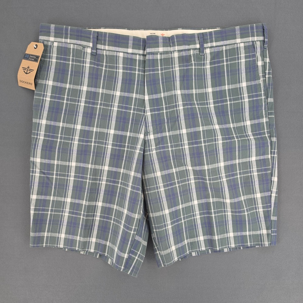 Dockers D2 Straight Fit Khaki Shorts Mens 40 Green Blue Plaid Flat Front Cotton